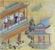 China: Li Shimin, Emperor Taizong of Tang (r.626-649) examining a scroll on a balcony.